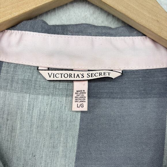 VICTORIAS SECRET Sleepshirt L Check Button Front Long Sleeve PJ Top Gray - Picture 5 of 15
